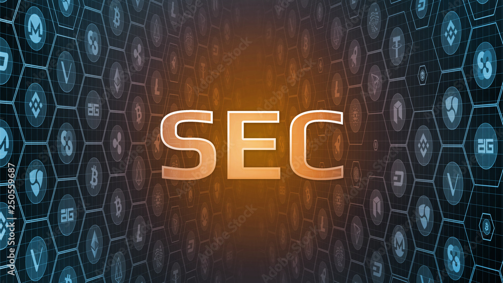 Poster 3d rendering of glowing text with bitcoin and crypto currency coins background. sec delays decision 
