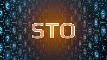 3D Rendering of glowing Security Token Offering (STO)  text on perspective digital crypto currency coins background. Alternative for investor to ICO. For token promoting, news headline
