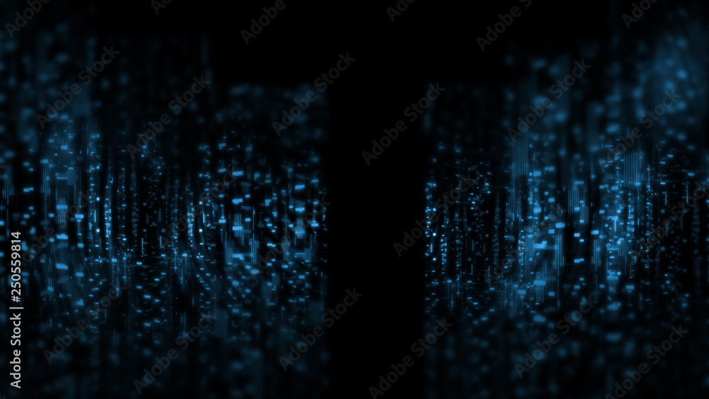 Poster 3D Rendering of abstract technology background. Wide screen wallpaper. Computer circuit dots and blur binary data. For deep machine learning, crypto currency, artificial intelligence product uses. 