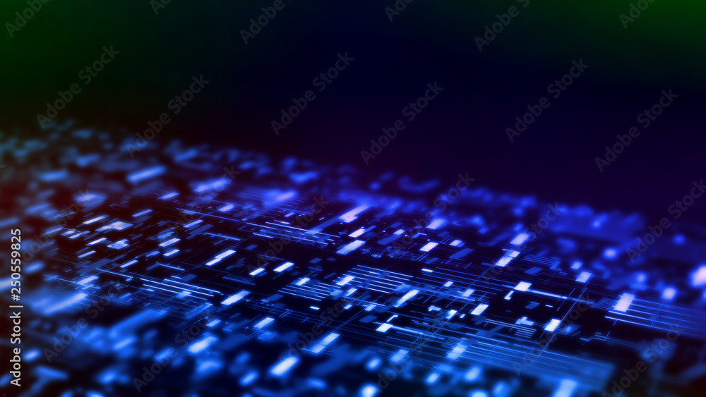 Poster 3d rendering of abstract technology background. wide screen wallpaper. computer circuit dots and par