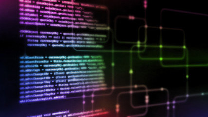 3D Rendering of Digital abstract technology. Programming script binary coding snippet on glowing software flowchart background. For deep machine learning, crypto currency, Big data visualization