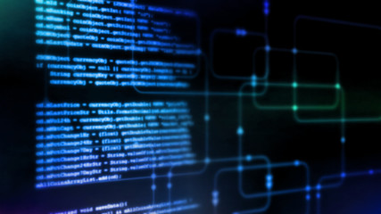3D Rendering of Digital abstract technology. Programming script binary coding snippet on glowing software flowchart background. For deep machine learning, crypto currency, Big data visualization