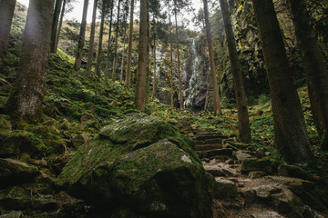 A stone stair leading to a waterfall