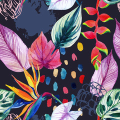 Handgezeichneter abstrakter tropischer Sommerhintergrund: bunte Blätter des Aquarells, Blumen, Aquarellpinselstriche, Schmutz, Gekritzeltexturen
