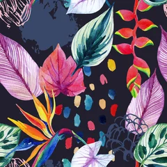 Foto auf Acrylglas Aquarell Natur Handgezeichneter abstrakter tropischer Sommerhintergrund: bunte Blätter des Aquarells, Blumen, Aquarellpinselstriche, Schmutz, Gekritzeltexturen
