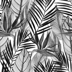 Wall murals Aquarel Nature Watercolor tropical seamless pattern with bird-of-paradise flower, palm leaves in black and white colors.