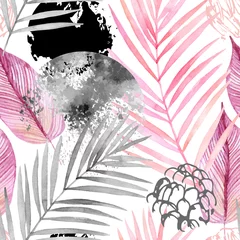 Muurstickers Hand getekende abstracte tropische zomer achtergrond: aquarel palmboom bladeren, grunge, Krabbel texturen © Tanya Syrytsyna