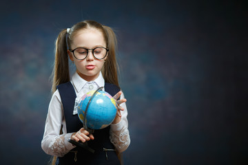 Cute School Girl in Uniform Rotate World Globe