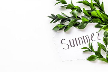 Summer concept. Hand lettering text summer near green branches on white background top view copy space
