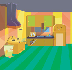 Clean Kitchen Kids Cartoon Style Background for Children Vector Ilustration