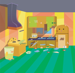 Dirty Kitchen Kids Cartoon Style Background for Children Vector Illustration