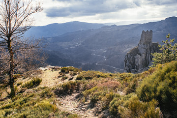 Obraz premium Path leading towards medieval tower ruins built on a rock