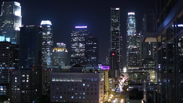 WS Downtown skyscrapers illuminated ay night / Los Angeles, California, USA
