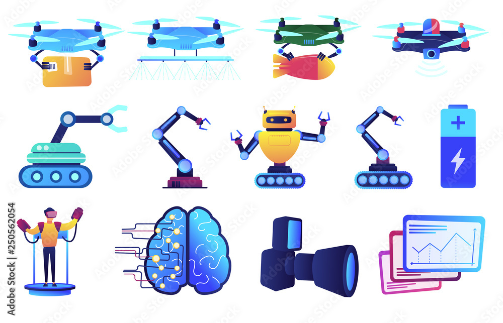 Poster robot technology and drone delivery service vector illustrations set.