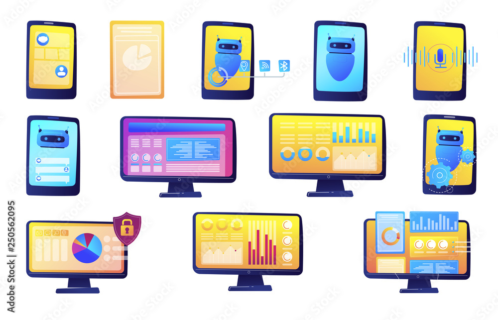 Poster computer data analysis and chat bot vector illustrations set.