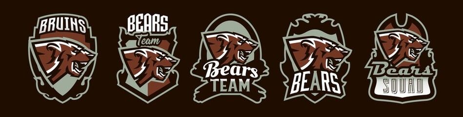Set of aggressive bear emblems. Sports logo bear. The head of a forest predator, a wild beast. Colorful collection, vector illustration