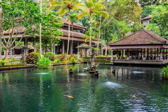 Large rectangular pond at the Gunung Kawi Sebatu Temple, Ubud, Bali, Indonesia