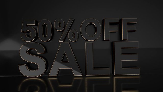 50% off sale 3D text title on gloss black background animation render