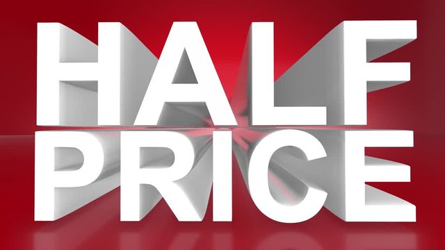 Half price white 3D text title on red background animation render