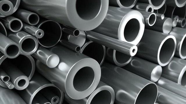 Close-up set of different diameters metal and steel round pipes.  Loop 3d animation