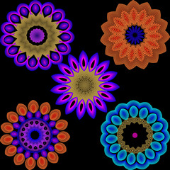 Illuminated colorful flowers pattern set. Neon blurred line art tracery abstract flowers. Floral background with geometric shapes, radial lines, halftone. Blurred mandalas design. Vector illustration