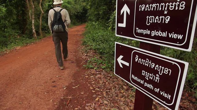 WS Rear view of man on path leading to temple / Angkor Wat, Siem Reap, Cambodia