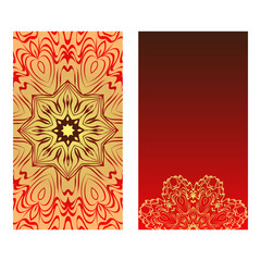 Luxury red, sunrise, gold color The Front And Rear Side. Mandala Design Elements. Wedding Invitation, Thank You Card, Save Card, Baby Shower. Vector Illustration.