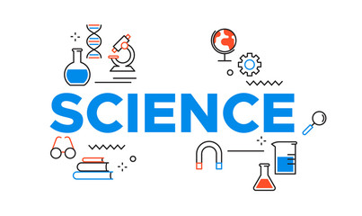 Fototapeta na wymiar Science concept card with outline lab icons