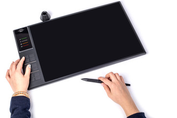 Girls hands and Wireless Graphic Tablets with Pen on a white background