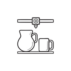 3d printer printing jug and mug hand drawn outline doodle icon.