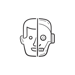 Half human half robot head hand drawn outline doodle icon.