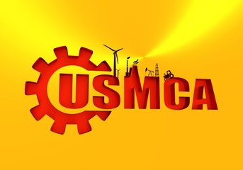 USMCA - United States Mexico Canada Agreement. Decorated USMCA letters. Heavy industry and business concept. 3D rendering