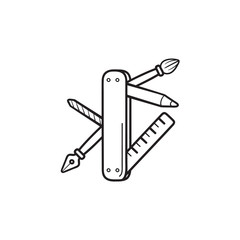 Pocket knife with graphic design tools hand drawn outline doodle icon set.