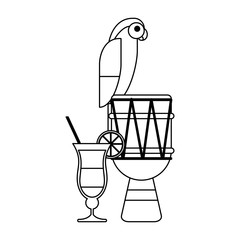 Fototapeta na wymiar ecotic bird in latin drum and cocktail symbol black and white