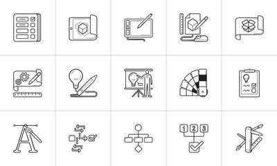 Project and graphic design hand drawn outline doodle icon set.