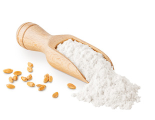 Fototapeta na wymiar Scoop of wheat flour isolated on white
