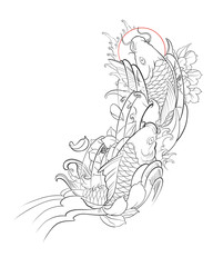 Hand drawn outline of Koi fish with lotus flower and water wave, Tattoo design outline of Japanese traditional style on a white background.