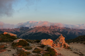 Wonderful sunrise on the corsican moutains during a hike on the famous gr20