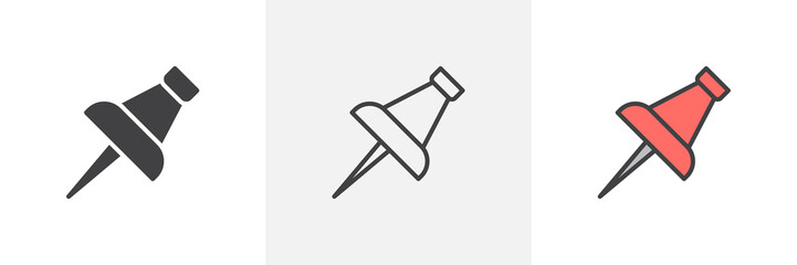 Push pin icon. Line, glyph and filled outline colorful version, thumbtack outline and filled vector sign. Symbol, logo illustration. Different style icons set. Pixel perfect vector graphics