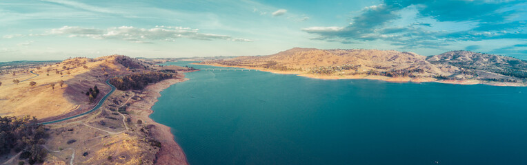 Fototapeta na wymiar Murray River flowing into Lake Hume - aerial panorama. New South Wales, Australia