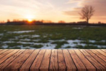 Fototapeta na wymiar free space for your advertising, old wooden table on the background of early spring, rural landscape at sunset in blur mode