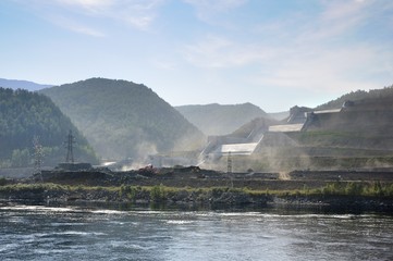 Construction of the spillway of the Sayano–Shushenskaya hydro power plant dam on the Yenisei...