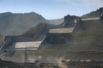 Construction of the spillway of the Sayano–Shushenskaya hydro power plant dam on the Yenisei...