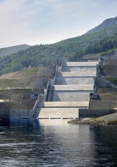 Spillway of the Sayano–Shushenskaya hydro power plant dam on the Yenisei river in Siberia, Russia