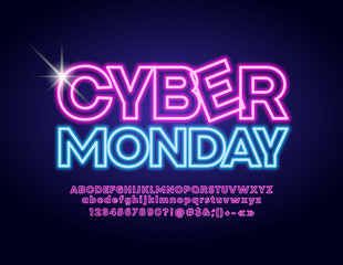 Fototapeta na wymiar Vector illuminated logo Cyber Monday. Meom Glowing Font. Electric Alphabet Letters, Numbers and Symbols