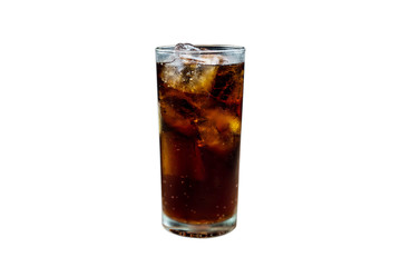 Drink cola with ice in glass on white background
