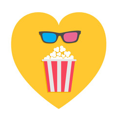 3D glasses and big popcorn. Heart shape. I love movie cinema icon in flat dsign style. Yellow background. Isolated.