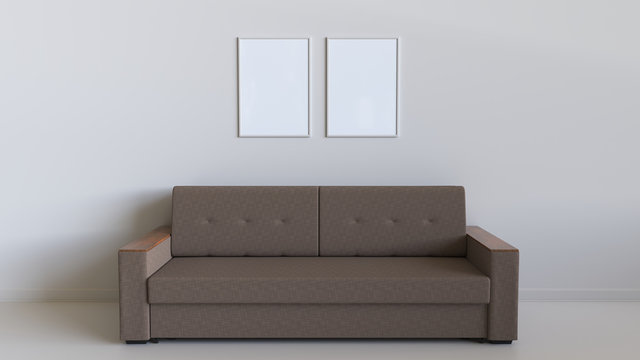 Two blank posters in the frames on the wall above sofa