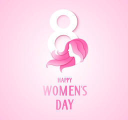 Happy Womens Day. 8 march symbol with woman silhouette and greeting text. Girl with long hair. Vector illustration