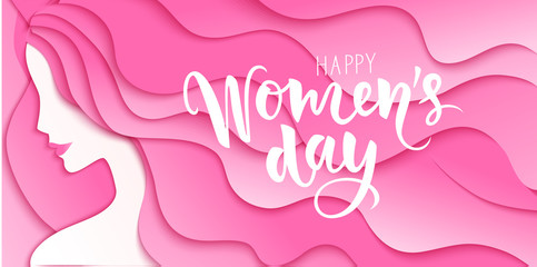 Happy Womens Day. 8 march design template with woman silhouette and greeting text. Girl with long pink hair. Vector illustration